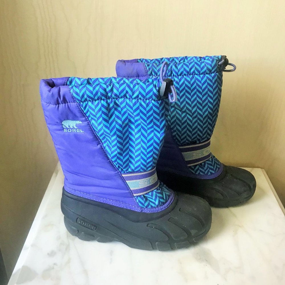 SOREL Youth Cub Snow Boots Blue Chevron sz 2